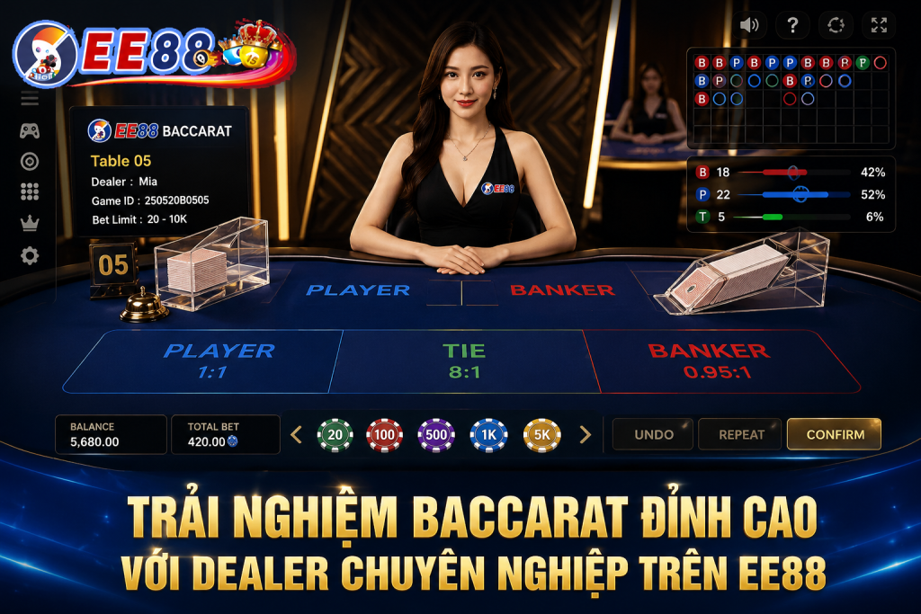 Người chơi tham gia bàn Baccarat trực tuyến trên giao diện EE88 với Dealer chuyên nghiệp