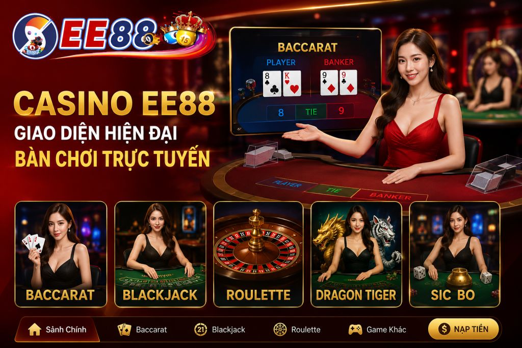 Giao diện Casino EE88 hiện đại với các bàn chơi trực tuyến