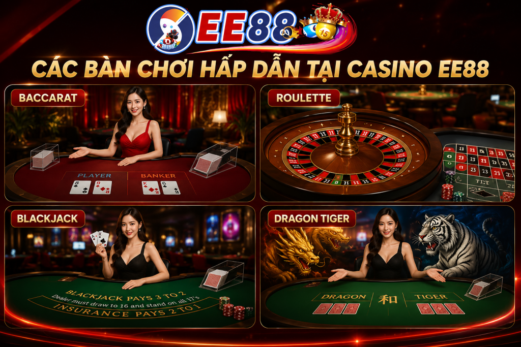 Các bàn chơi Baccarat, Roulette, Blackjack và Dragon Tiger tại Casino EE88