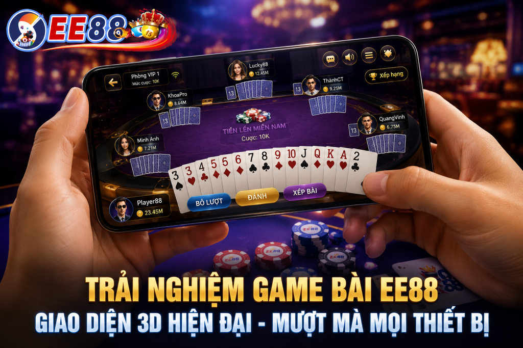 Người chơi trải nghiệm Game Bài EE88 trên điện thoại với giao diện 3D hiện đại