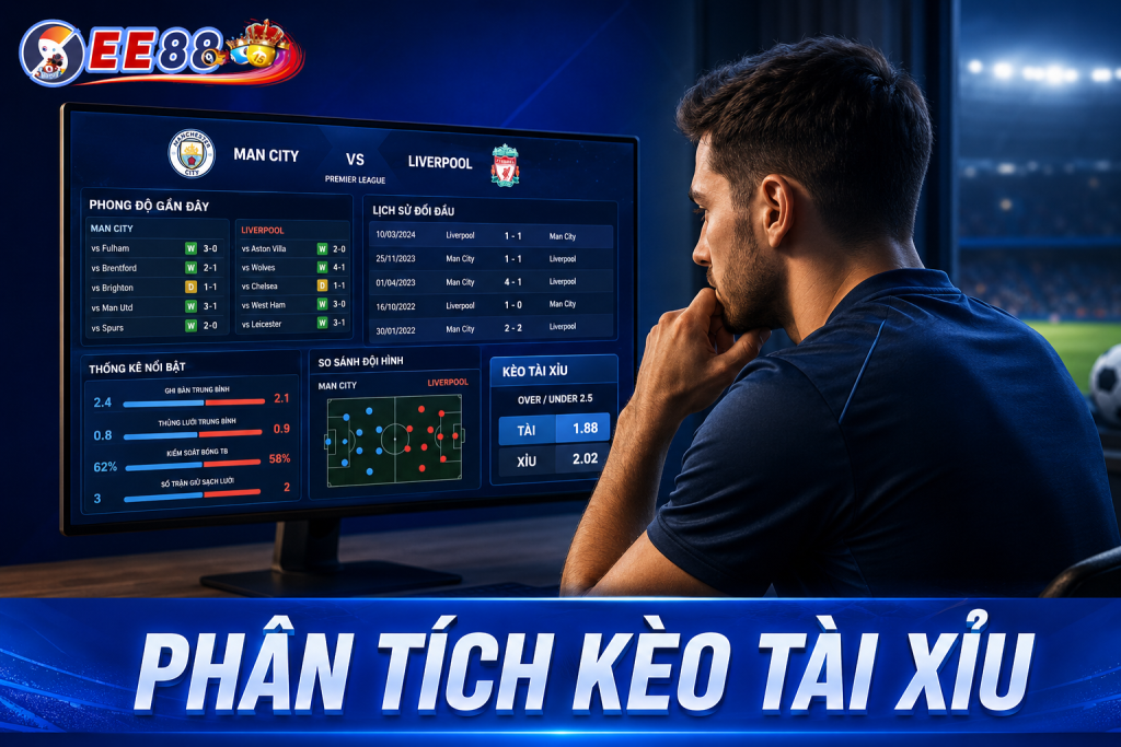 Người chơi phân tích thống kê phong độ, lịch sử đối đầu và tỷ lệ Kèo Tài Xỉu trên màn hình máy tính