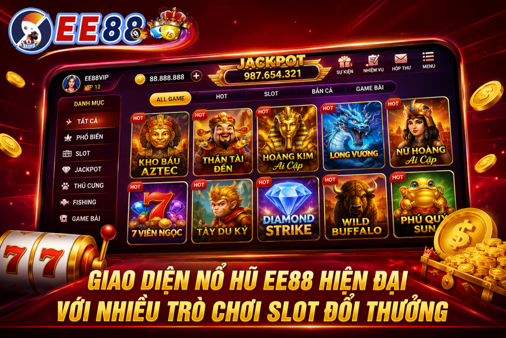 Giao diện Nổ Hũ EE88 hiện đại với nhiều trò chơi slot đổi thưởng